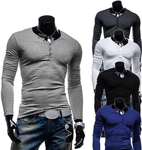 Winter Mens Casual Slim-Fit Shirt Long Sleeve T-Shirts Henley Tops Sport Muscle Tee Royal Blue L