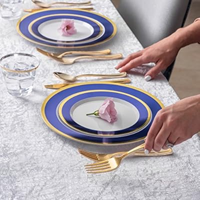 50 Piece Disposable Plates Heavy Duty Plastic Dinnerware For Weddings Parties Thanksgiving Holiday Includes 25 Dinner Plates And 25 Dessert Plates Blue And Gold Amazon Sg Home