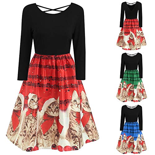 Caopixx Dress Christmas for Women Plus Size Criss Cross Party Dress Long Sleeve Round Collar Casual Dress
