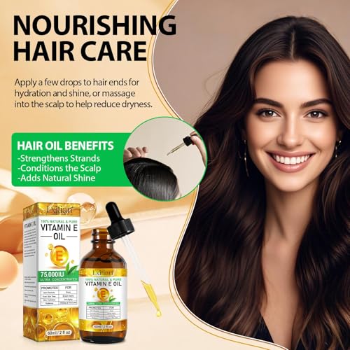 Pure Vitamin E, 100% Natural Vitamin E Oil for Skin, Organic Vitamin E Oil 75,000 IU, for Scars and Stretch Marks, Hydration of Dry Skin and Reduces Wrinkles, Firming Skin, 60 ml