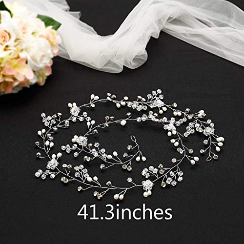 Brishow Bride Wedding Headband Crystal Pearl Beaded Hair Vine Rhinestone Bridal Hair Accessories for Women and Girls (Silver)