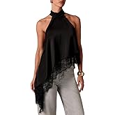 ABINGOO Womens Sleeveless Tops Satin Halter Mock Neck Elegant Going Out Tank Tops with Asymmetrical Lace Trim