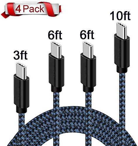 Type C Charging Cable, Tourist 4Pack 3FT 6FT 6FT 10FT Nylon Braided Cord to USB Charging Charger for Nexus 5X 6P, Huawei P10 Plus Mate 9,Note 8 and more (Black+Blue)