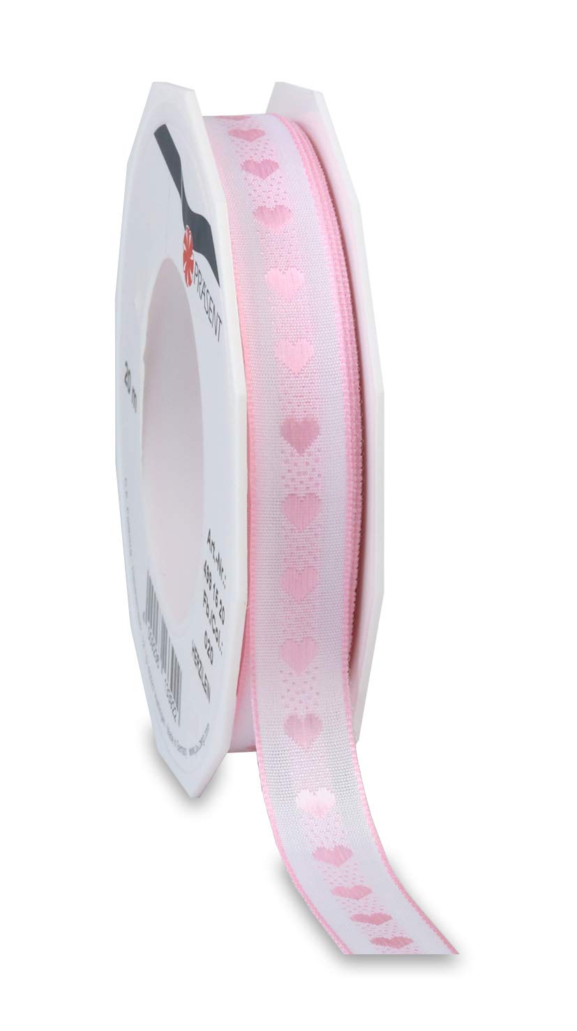 Präsent - Herzilein Printed Ribbon Pink 15 mm Width, 20 m Length