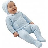 Dulce de Fresa Baby Boy Knitted Outfit 3-Piece Sweater, Footed Pants and Hat Set Newborn Infant Long Sleeve - Made in Spain