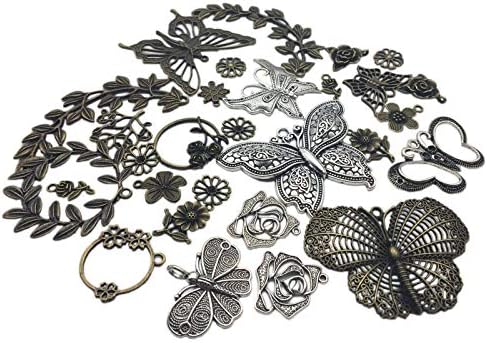 140 Gram (Approx 29pcs) DIY Metal Butterfly Flowers Leaves Charms Pendant for Crafting,Bracelet Necklace Jewelry Making Accessories