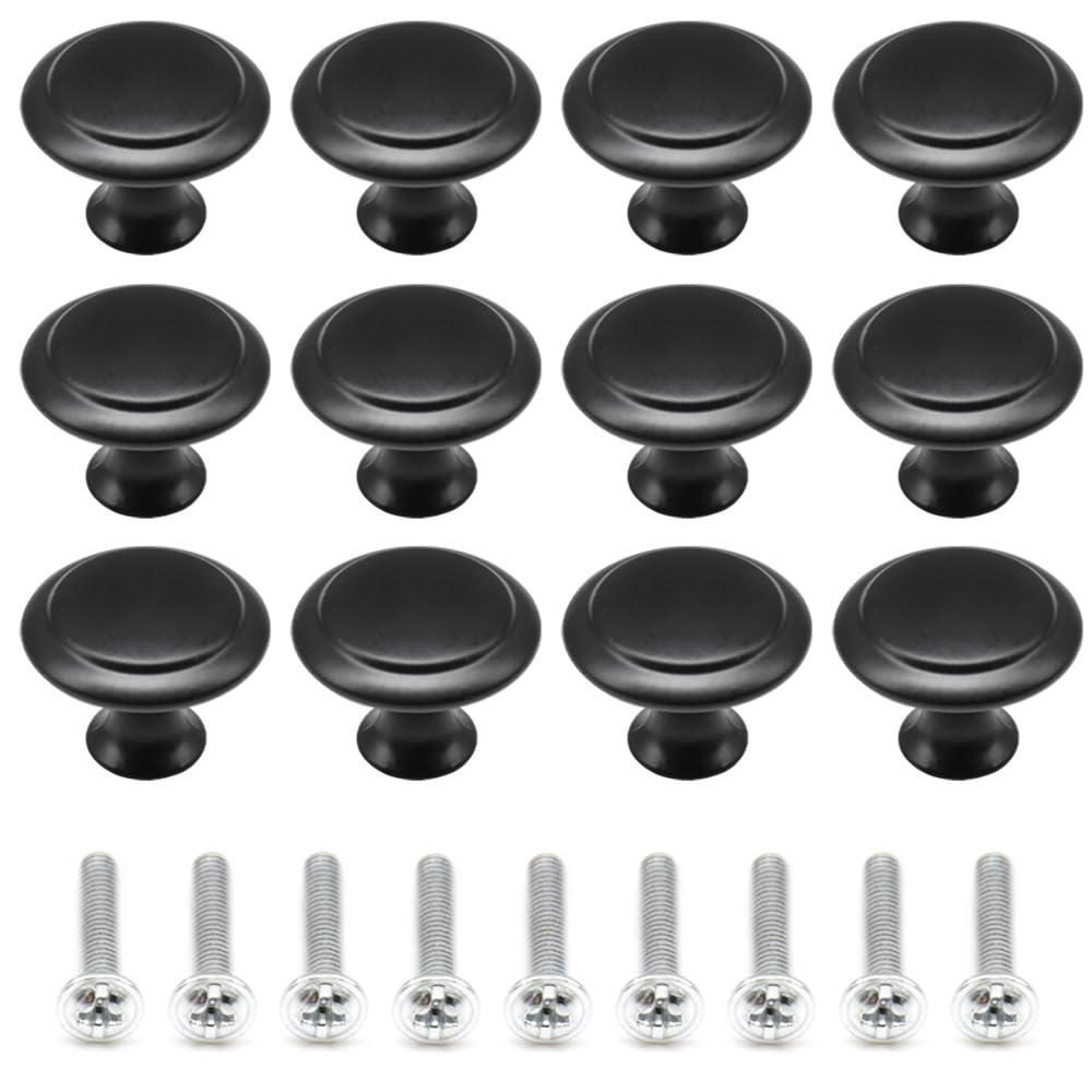 Ruidee 12 PCS Round Mushroom Shape Metal Pull Handle Knobs with Screws for Cupboard, Wardrobe (Black/30MM)