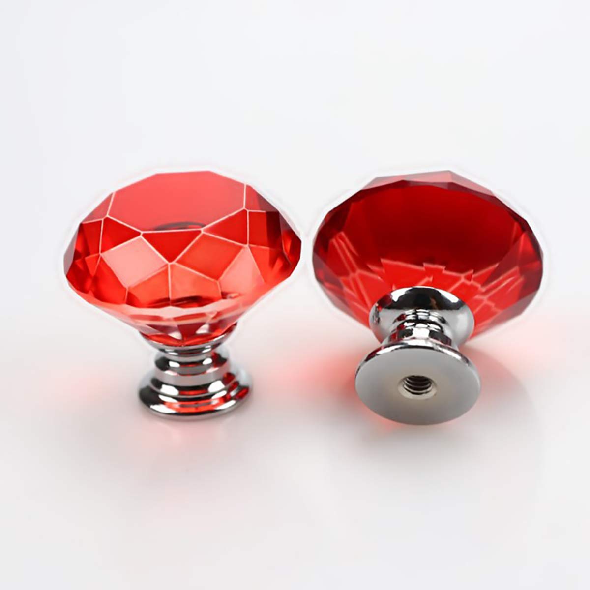 2PCS 40mm Crystal Glass Door Knobs Clear Diamond Pull Handle Aluminium Alloy with Screw for Drawer Cabinet Furniture Kitchen Home Decorating (Red)