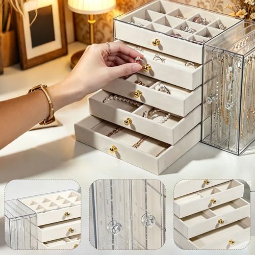 Organizador Acrílico para joyas, Joyero Transparente con 5 Cajones, Soporte para Collar de Acrílico, Terciopelo Beige, Joyero Multifuncional, para Relojes, Collares, Pendientes, Anillos