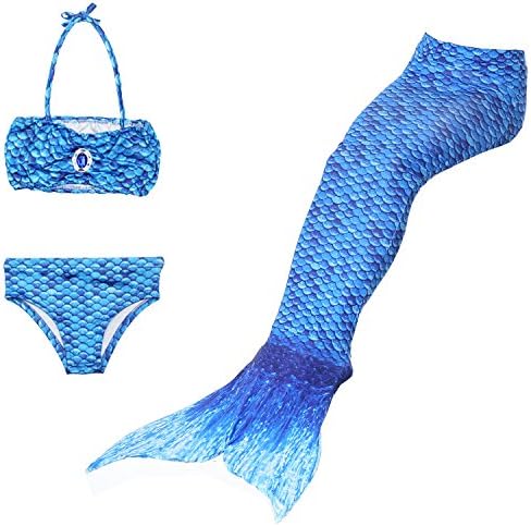 SGBB Girl's 3pcs Mermaid Tail Swimmable Princess Bikini Set Swimsuit (Deep Blue, 140CM(8-10Y))