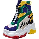 12 CM Hidden Heel Women Color Block Leather Boots Platform Sneakers 50713 | Height Women's Color Block Spring Autumn Winter Short Boots Suede Nubuck Chunky Lace Up High Top Shoes 50713