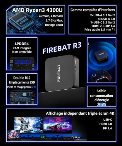 FIREBAT Mini PC R3, AMD Ryzen 3 4300U, 16Go LPDDR4 RAM 512Go SSD, Triple Affichage 4K, WiFi 6 Bluetooth 5.2, Ordinateur Compact Silencieux Extensible pour Bureau Domestique