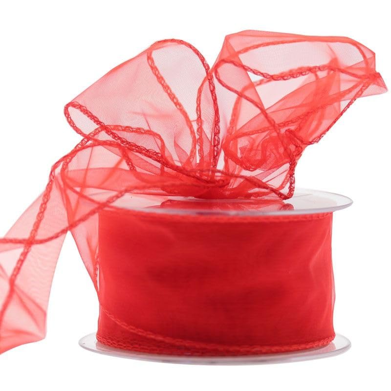 Wired Organza Ribbon Roll in 30mm, 50mm & 70mm Widths – Sheer Chiffon Craft Ribbon for Christmas Tree, Wreath Making, Gift Wrapping, Bows & Wedding Decor (Red, 50mm)