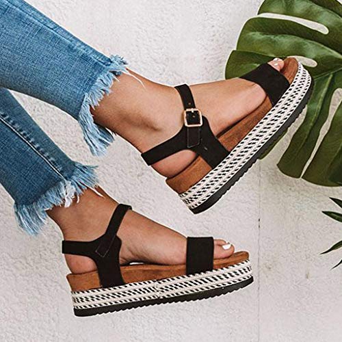 BEAUTYVAN Women's Platform Sandals Espadrille Wedge Ankle Strap Studded Peep Toe Sandals Black - Thumbnail 2