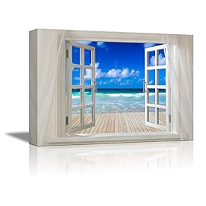 Glimpse into Clear Blue Sea and Wood Deck Out of Open Window - Canvas Art Wall Art - 24" x 36"