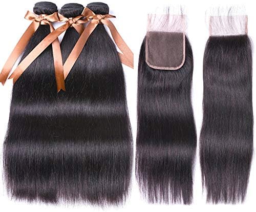 ALLRUN Straight Bundles with Closure 100% Brazilian Straight Human Hair 3 Bundles with Lace Closure Free Part Human Hair Extensions Natural Black Color(18 20 22+16Closure)