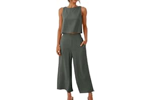 yelldesk Women's 2 Piece Outfits Lounge Sets Casual Sleeveless Square Neck Linen Tank Crop Top with Wide Leg Pants Sets