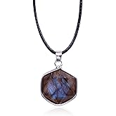Da Piao Liang Natural Labradorite Pendant Necklace, Irregular Hexagon Gemstone Necklace with Black Leather Cord, Boho Chic Jewelry