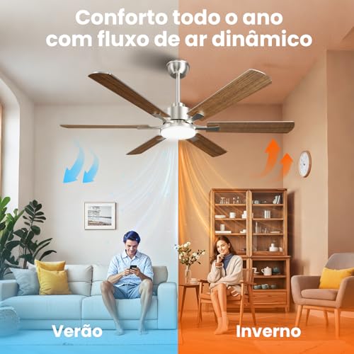 Ventilador de Teto Silencioso com Controle Remoto, 127V/220V, 132.08cm, 3 Cores, 6 Velocidades e Função Reversa