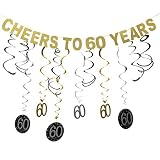 Gold Glittery Cheers to 60 Years Birthday Banner Decoration and 60 Hanging Swirls for 60th Birthday Party Decoration