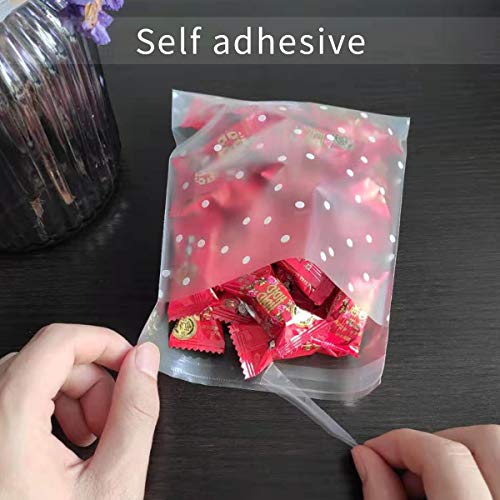 Vasdoo Self Adhesive Treat Bag Cellophane Bag Cookie Bag, White Polka Dot Party Favor Bag for Bakery, Candy, Cookie (5.5 x 5.5 inches, 100 Pcs)