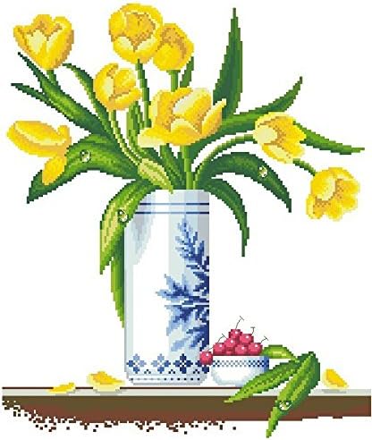 Qihu’s 5d Crystal Diamond Painting DIY Counted Paint By Number Kits, Golden Tulip Flower Picture