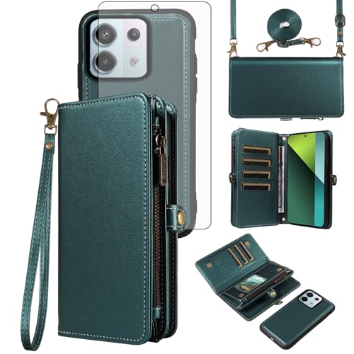 Asuwish Phone Case for Xiaomi Redmi Note 13 Pro 5G/Poco X6 Zipper Wallet Detachable Cell Cover with Tempered Glass Screen Protector Crossbody Lanyard Strap Flip Card Holder Slot 13Pro 6X Dark Green