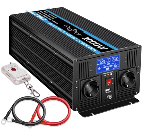 JIGUUN 2000W Inverter 12V 220V Pure Wave Inverter with Charger 30A and Priority Circuit of Network and UPS,2 EU Sockets, Wireless Remote Control and LCD Display Peak Power 4000W