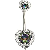 Excepro 14G(1.6mm) Double Heart Cubic Zirconia Navel Belly Button Ring 316L Stainless Steel Bar Piercing Jewelry