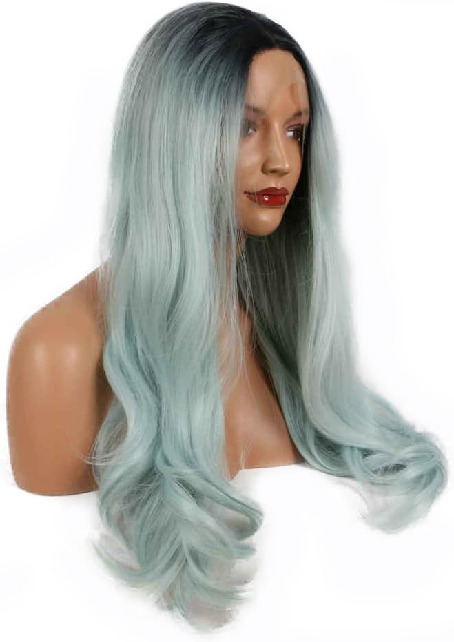 Pre Plucked Hairline Long Wig Body Wave Heat Resistant Fiber Natural Colors Synthetic Lace Front Wigs for Women Natural Looking Replacement Wig Daily Cosplay Party Drag Queen 24" (Pastel Blue Ombre) - Image 3