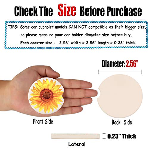 2.56" Sunflower Car Coasters 2 Pack,Absorbent Ceramic Coasters for Car,Auto Coasters for Cup Holder,Car Accessories Absorb Spills From Your Cup and Keep Cup Holders Clean and Dry. (Yellow Sunflower)