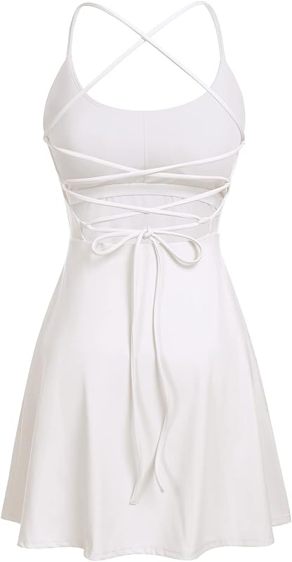 Vestido de ténis feminino com soutien integrado e calções com bolsos, sexy com rendas, costas abertas, vestido desportivo de golfe, branco, S
