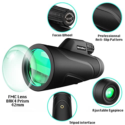 BotaBay 10x42 Monocular Telescope, Waterproof Handheld Night Vision, with Adjustable Tripod & Smartphone Holder, BAK4 Prism for Bird Watching/Hunting/Hiking/Concert/Travelling/Adults/Kids