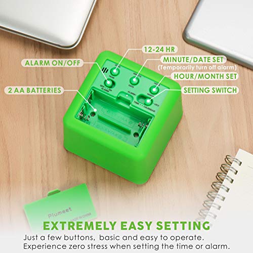 Plumeet Easy Setting Digital Travel Alarm Clock with Snooze, Soft Nightlight, Large Display Time/Date/Alarm, Ascending Sound Alarm/Handheld Sized, Best Gift for Kids (Neon Green)