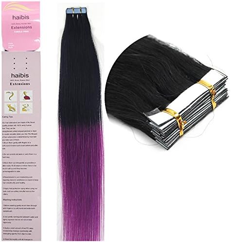 haibis 16''-24''Tape in Remy Human Hair Extensions Straight Skin Weft Human Hair 20pcs Ombre Mixed Color(16''30g,T1/PURPLE)