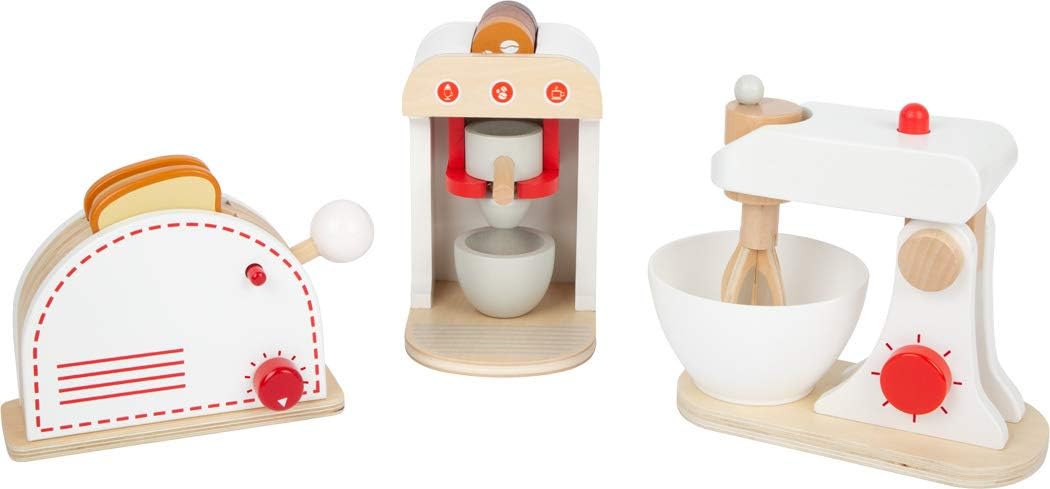Small Foot 11684 Kitchen Appliances Set, 3-piece wooden play kitchen, for ages 3+ years, White Red