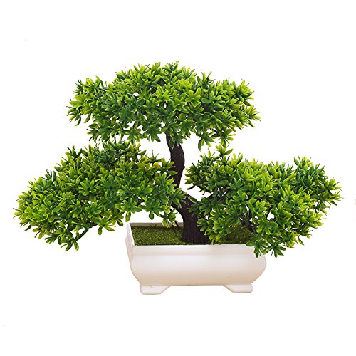 Frjjthchy Mini Artificial Bonsai Tree Plants with Plastic Cement Pots for Home Office Décor (Green)