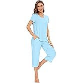 WiWi Viscose from Bamboo Pajamas Set for Women Summer Sleepwear Pjs Comfy Short Sleeve Tops Capri Pants Sets S-XXL
