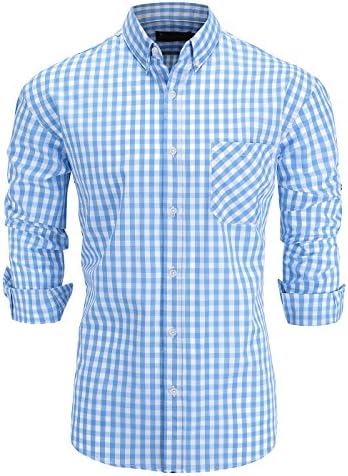 GoldCut Men 100% Cotton Slim Fit Long Sleeve Button Down Plaid Dress Shirt