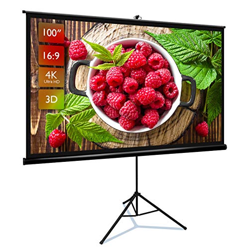 Upgraded Projector Screen with Stand 100 inch 16:9 HD 4K Indoor and Outdoor Movie Projection Screen with Premium Wrinkle-Free and Pull-Up Design Portable Projector Screen for Office Home Theater.