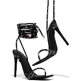 GATUXUS Sexy Women's Stilettos High Heel Gladiator Strappy Sandals Square Toe Lace Up Dressy Pumps Shoes