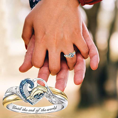 Fashion Dolphin/Flowers Ring Animal Jewelry Ring Promise Real Love Heart Bands Ring Matching Ring Bridal Wedding Engagement Bands Rings for Lovers Bridal Gifts Size 6-10