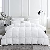 Luxurious White Solid Medium Weight, Oversized Queen Size Goose Feathers Down Comforter for All-Season Weather Duvet Insert, Premium Baffle Box, 100% Egyptian Cotton Cover, 65 oz. Fill Weight