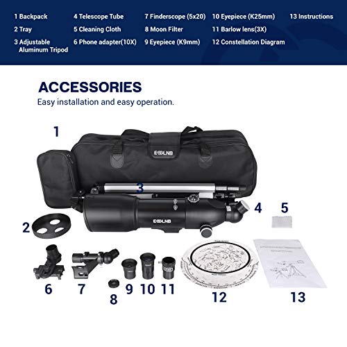 ESSLNB Telescopes for Adults Astronomy Beginners Kids 400X80mm with 10X Smartphone Adapter Adjustable Tripod Case and Moon Filter Erect-Image Diagonal Prism