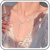 Aneneiceera Vintage Teardrop Crystal Y Drop Necklace Silver Cz Butterfly Choker Necklace Tiny Cz Teardrop Lariat Necklace Minimalist Rhinestone Y Necklace Jewelry for Women