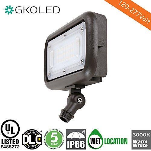 GKOLED 30W LED Floodlight, Outdoor Security Fixture, Waterproof, 100W PSMH Replace, 2700 Lumens, 3000K Warm White, 70CRI, 120-277V, 1/2" Adjustable Knuckle Mount, UL-Listed, 5 Years Warranty