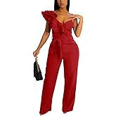 HBQ Womens Casual One Piece Jumpsuits V-Neck Sleeveless Ruffle Backless Belted Elegant Romper Wide Leg Pant Sexy Party Clubwear Overalls-Red-XL