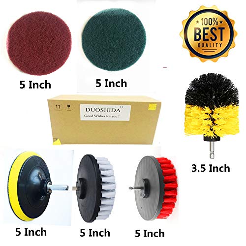 6 Piece Drill Brush Attachments: 5 Inch Drill Brushes & Scouring Pads & Suction Cup - Clean Tough Dirt - for Marble/Granite Tile, Grout, Rim, Kitchen Sink,Carpet, Coated Doors, Fiberglass Tubs