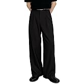 Heyfanee Wide Leg Dress Pants Men Loose Fit Pleated 30 Inch Inseam Stretchable Elastic Waist Old Money Baggy Slacks