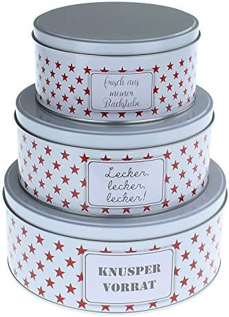 Macosa CE69936 Set of 3 Cake Tins Metal Red White Star Stackable Biscuit Storage Jar Biscuit Storage Jar Gift Packaging Tin